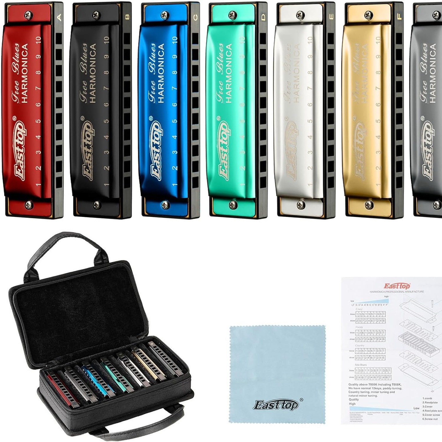 East Top 7-Key Diatonic Harmonica Set with Canvas Case
