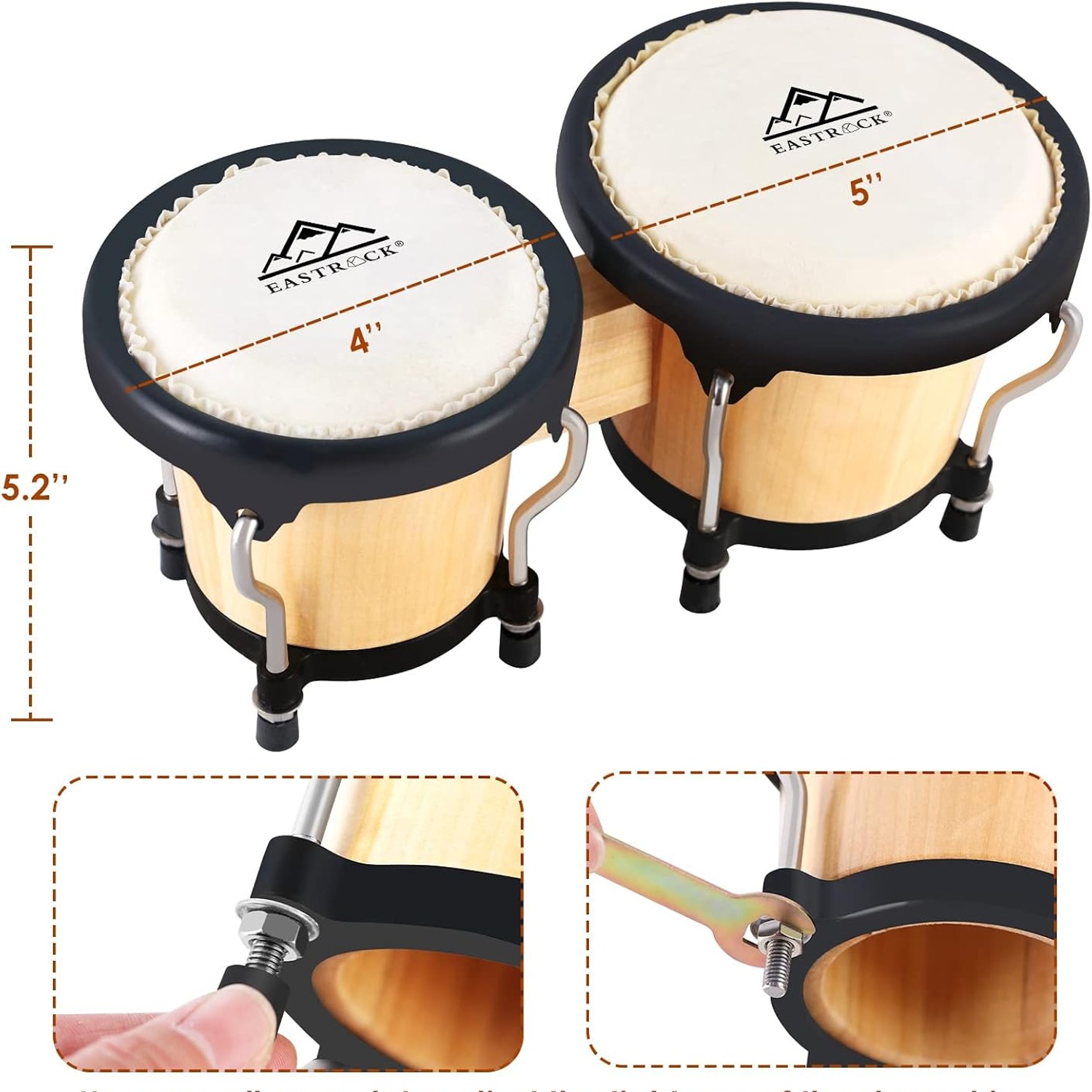 EASTROCK 4 and 5 Inch Tunable Wood Bongo Drum Set with Carry Bag: image 4