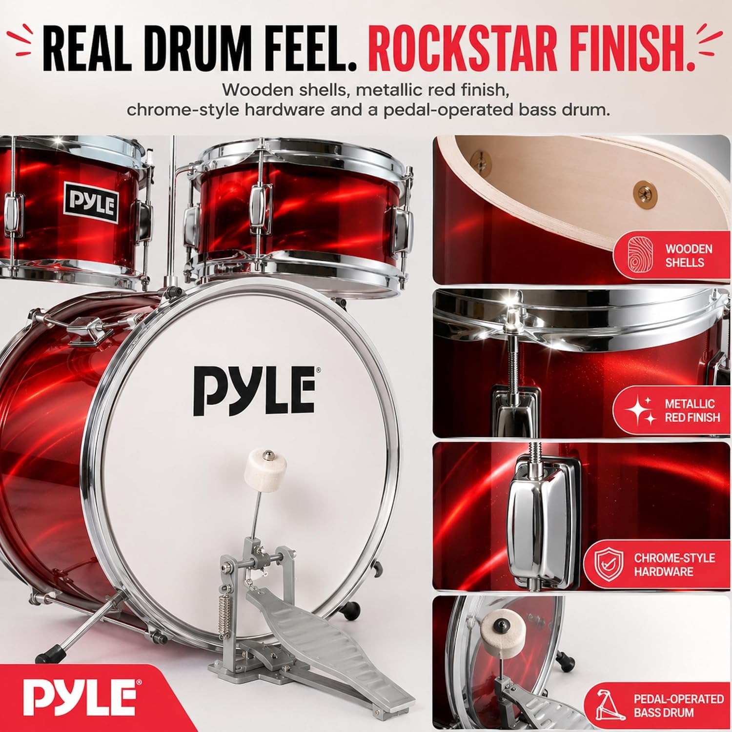 Pyle 3-Piece Kids Drum Kit with Cymbal, Pedal, Throne and Sticks: image 7