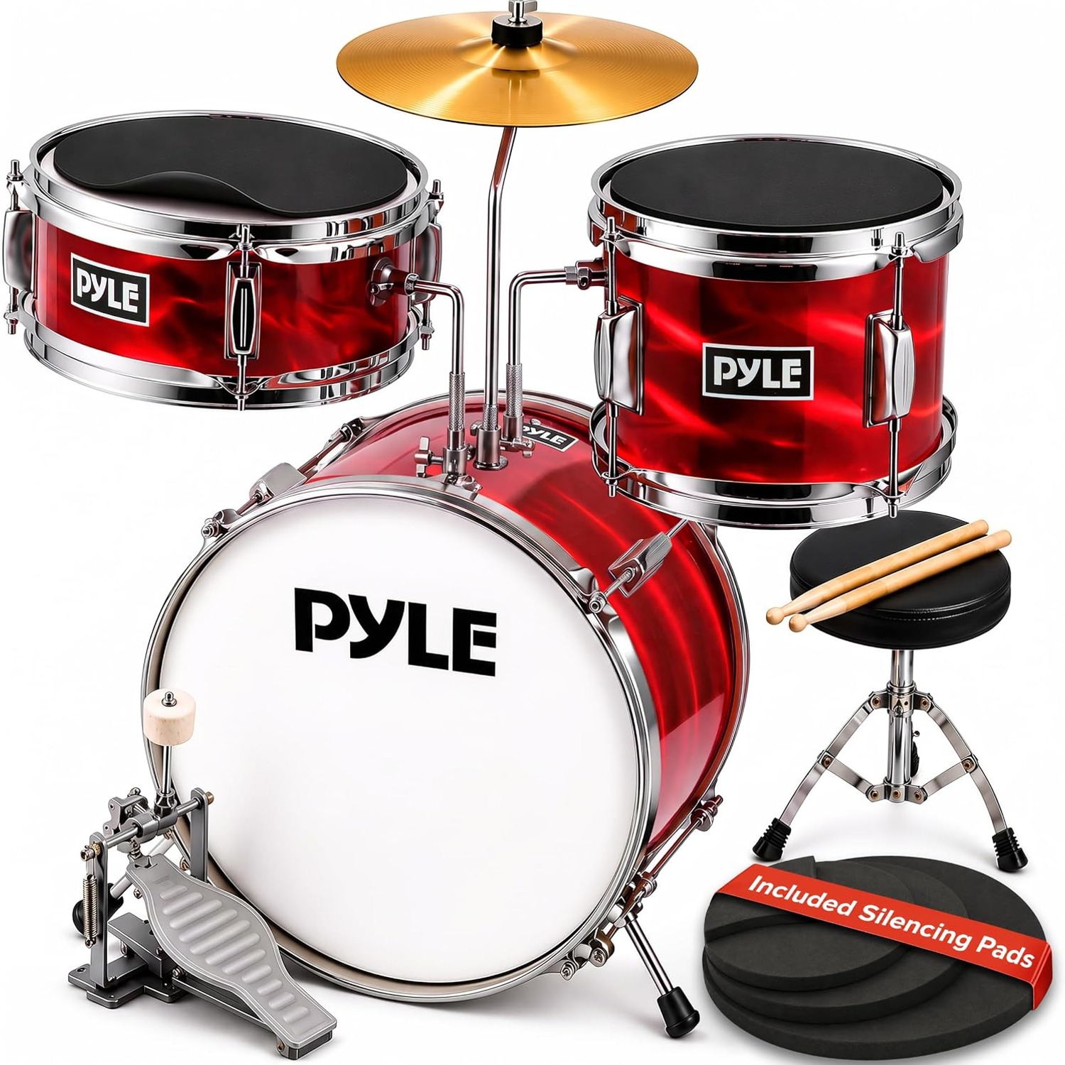 Pyle 3-Piece Kids Drum Kit with Cymbal, Pedal, Throne and Sticks