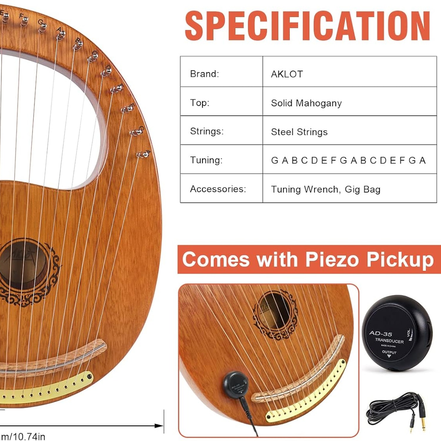AKLOT 16 String Mahogany Lyre Harp with Gig Bag and Tuning Tools: image 4